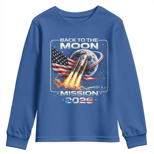 Back To The Moon Mission 2026 Youth Sweatshirt Rocket Launch Moon Space Program TS11 Royal Blue Print Your Wear