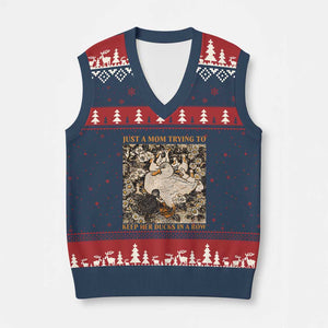 Just A Mom Trying To Keep Her Ducks In A Row V-Neck Knit Sweater Vest Funny Duck Mom TS11 Navy Red Print Your Wear