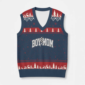 Boy Mom Lightning Bolt Checkered Varsity Son Mama V-Neck Knit Sweater Vest TS11 Navy Red Print Your Wear