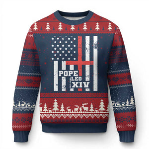Pope Leo XIV Ugly Christmas Sweater First American Pope Catholic Religious Cross American Flag TS11 Navy Red Print Your Wear