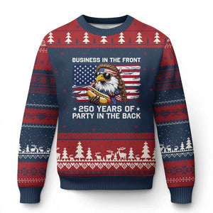 Business In The Front Party In The Back 250th Anniversary USA Ugly Christmas Sweater Patriotic Eagle Mullet