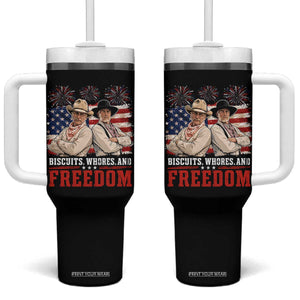 Biscuits Whores And Freedom Funny Western Cowboy 4th of July Tumbler With Handle