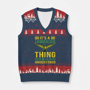It's A Jamaican Thing Yuh Nah Guh Understand V-Neck Knit Sweater Vest Jamaica Hummingbird TS11 Navy Red Print Your Wear