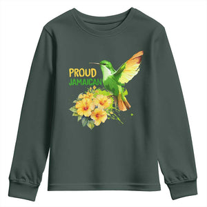 Proud Jamaican Youth Sweatshirt Jamaica Flag Hummingbird Hibiscus TS11 Dark Forest Green Print Your Wear