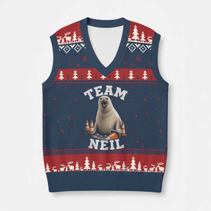 Team Neil The Seal V-Neck Knit Sweater Vest Funny Tasmania Elephant Seal with Traffic Cone TS11 Navy Red Print Your Wear