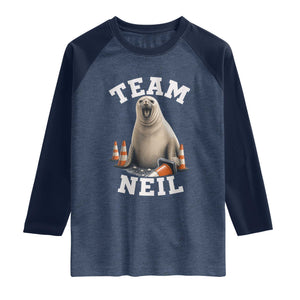 Team Neil The Seal Raglan Shirt Funny Tasmania Elephant Seal with Traffic Cone TS11 Heather Denim Navy Print Your Wear