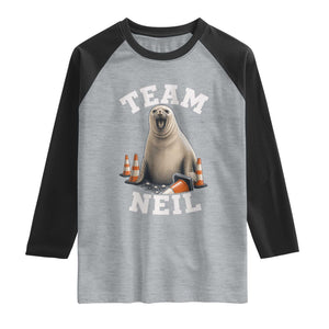 Team Neil The Seal Raglan Shirt Funny Tasmania Elephant Seal with Traffic Cone TS11 Heather Gray Black Print Your Wear