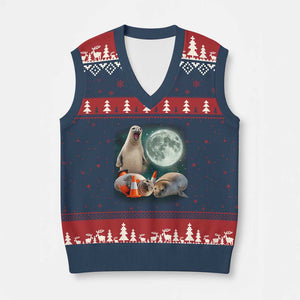 Funny Neil The Seal Howling at Moon 90s Retro V-Neck Knit Sweater Vest TS11 Navy Red Print Your Wear