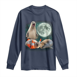 Funny Neil The Seal Howling at Moon 90s Retro Long Sleeve Shirt TS11 Navy Print Your Wear