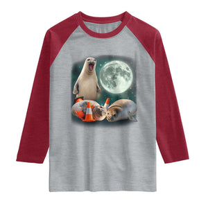 Funny Neil The Seal Howling at Moon 90s Retro Raglan Shirt TS11 Heather Gray Heather Red Print Your Wear