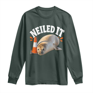 Neil The Seal Nailed It Long Sleeve Shirt Funny Tasmania Elephant Seal Traffic Cone Meme Art TS11 Dark Forest Green Print Your Wear