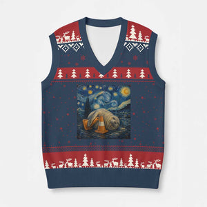 Funny Neil The Seal Starry Night V-Neck Knit Sweater Vest Van Gogh Art for Tasmania Seal Lovers TS11 Navy Red Print Your Wear