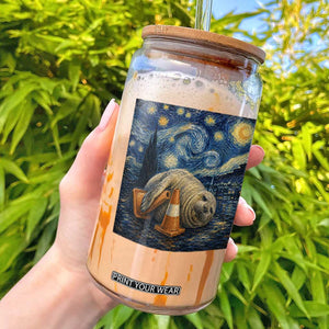 Funny Neil The Seal Starry Night Glass Can Van Gogh Art for Tasmania Seal Lovers TS11 Black Print Your Wear