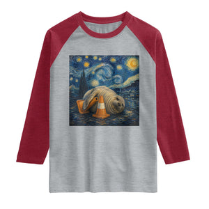 Funny Neil The Seal Starry Night Raglan Shirt Van Gogh Art for Tasmania Seal Lovers TS11 Heather Gray Heather Red Print Your Wear