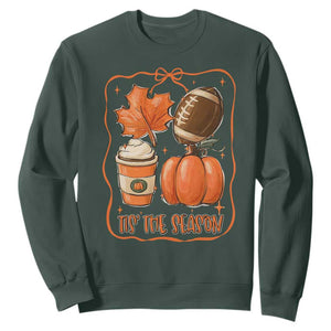 Tis The Season Fall Thanksgiving Sweatshirt Retro Coquette Bow American Football Pumpkin TS11 Dark Forest Green Print Your Wear