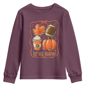 Tis The Season Fall Thanksgiving Youth Sweatshirt Retro Coquette Bow American Football Pumpkin TS11 Maroon Print Your Wear