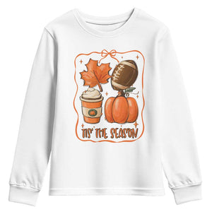 Tis The Season Fall Thanksgiving Youth Sweatshirt Retro Coquette Bow American Football Pumpkin TS11 White Print Your Wear