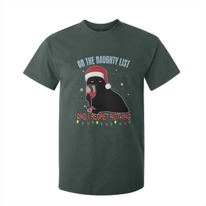 Funny Christmas Black Cat T Shirt For Kid On The Naughty List And I Regret Nothing Candy Cane TS11 Dark Forest Green Print Your Wear