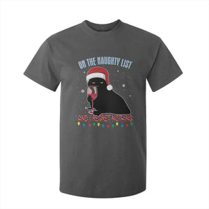 Funny Christmas Black Cat T Shirt For Kid On The Naughty List And I Regret Nothing Candy Cane TS11 Dark Heather Print Your Wear