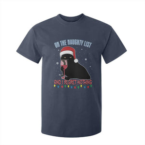 Funny Christmas Black Cat T Shirt For Kid On The Naughty List And I Regret Nothing Candy Cane TS11 Navy Print Your Wear