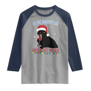 Funny Christmas Black Cat Raglan Shirt On The Naughty List And I Regret Nothing Candy Cane TS11 Sport Gray Navy Print Your Wear