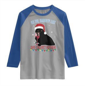 Funny Christmas Black Cat Raglan Shirt On The Naughty List And I Regret Nothing Candy Cane TS11 Sport Gray Royal Print Your Wear