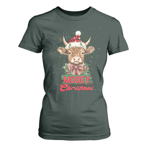 Funny Christmas Highland Cow T Shirt For Women Mooey Christmas Western Cow Santa Hat TS11 Dark Forest Green Print Your Wear
