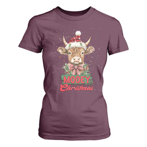 Funny Christmas Highland Cow T Shirt For Women Mooey Christmas Western Cow Santa Hat TS11 Maroon Print Your Wear