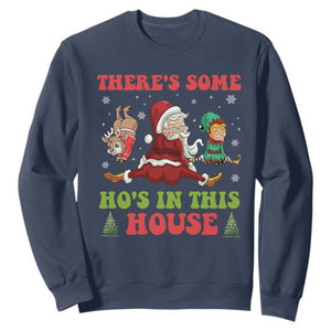 Funny Christmas Naughty Santa Sweatshirt There's Some Ho's In This House Elf Reindeers TS11 Navy Print Your Wear
