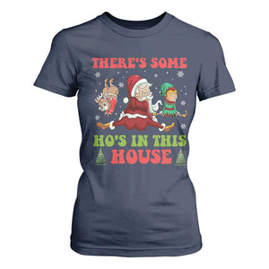 Funny Christmas Naughty Santa T Shirt For Women There's Some Ho's In This House Elf Reindeers TS11 Navy Print Your Wear