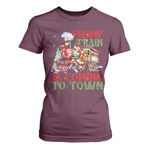 Trump Christmas T Shirt For Women Trump Train Is Coming To Town Xmas TS11 Maroon Print Your Wear