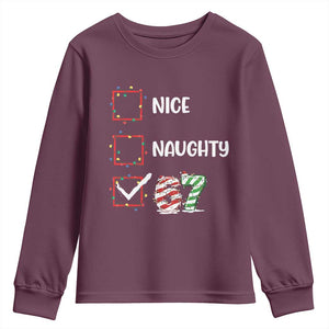 Funny Nice Naughty 67 Youth Sweatshirt Christmas Six Seven Meme Brainrot TS11 Maroon Print Your Wear