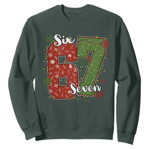 67 Christmas Sweatshirt Funny Six Seven Meme Gen Alpha Slang Snowflake TS11 Dark Forest Green Print Your Wear