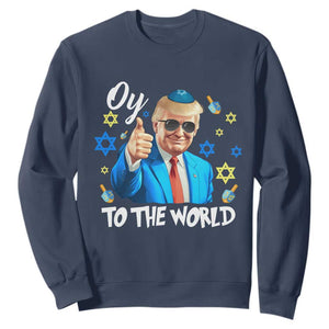 Funny Oy To The World Hanukkah Trump Sweatshirt Chanukah Jewish Trump David Stars TS11 Navy Print Your Wear
