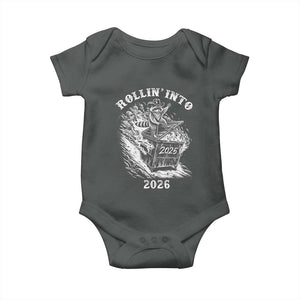 Funny Cowboy Raccoon Rollin Into 2026 Baby Onesie New Year Dumpster Fire 2026 Rodeo TS11 Dark Heather Print Your Wear