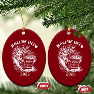 Funny Cowboy Raccoon Rollin Into 2026 Ceramic Ornament New Year Dumpster Fire 2026 Rodeo TS11 Print Your Wear