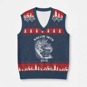 Funny Cowboy Raccoon Rollin Into 2026 V-Neck Knit Sweater Vest New Year Dumpster Fire 2026 Rodeo TS11 Navy Red Print Your Wear