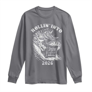 Funny Cowboy Raccoon Rollin Into 2026 Long Sleeve Shirt New Year Dumpster Fire 2026 Rodeo TS11 Charcoal Print Your Wear
