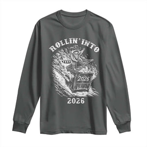 Funny Cowboy Raccoon Rollin Into 2026 Long Sleeve Shirt New Year Dumpster Fire 2026 Rodeo TS11 Dark Heather Print Your Wear