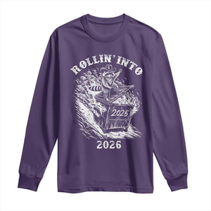 Funny Cowboy Raccoon Rollin Into 2026 Long Sleeve Shirt New Year Dumpster Fire 2026 Rodeo TS11 Purple Print Your Wear
