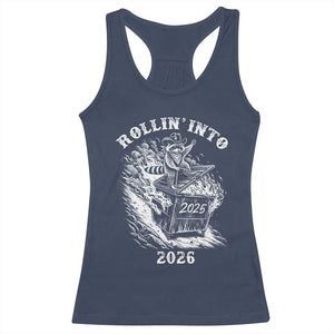 Funny Cowboy Raccoon Rollin Into 2026 Racerback Tank Top New Year Dumpster Fire 2026 Rodeo TS11 Navy Print Your Wear