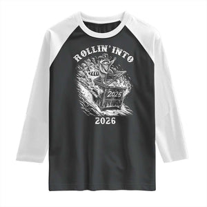 Funny Cowboy Raccoon Rollin Into 2026 Raglan Shirt New Year Dumpster Fire 2026 Rodeo TS11 Black White Print Your Wear