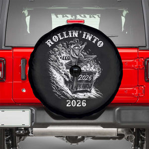 Funny Cowboy Raccoon Rollin Into 2026 Spare Tire Cover New Year Dumpster Fire 2026 Rodeo TS11 Black Print Your Wear