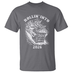 Funny Cowboy Raccoon Rollin Into 2026 T Shirt New Year Dumpster Fire 2026 Rodeo TS11 Charcoal Print Your Wear