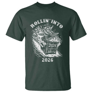 Funny Cowboy Raccoon Rollin Into 2026 T Shirt New Year Dumpster Fire 2026 Rodeo TS11 Dark Forest Green Print Your Wear