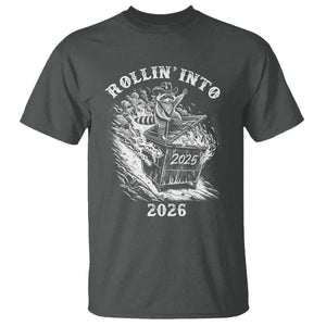 Funny Cowboy Raccoon Rollin Into 2026 T Shirt New Year Dumpster Fire 2026 Rodeo TS11 Dark Heather Print Your Wear