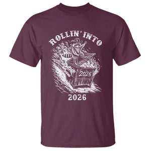 Funny Cowboy Raccoon Rollin Into 2026 T Shirt New Year Dumpster Fire 2026 Rodeo TS11 Maroon Print Your Wear