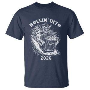 Funny Cowboy Raccoon Rollin Into 2026 T Shirt New Year Dumpster Fire 2026 Rodeo TS11 Navy Print Your Wear