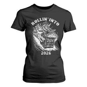 Funny Cowboy Raccoon Rollin Into 2026 T Shirt For Women New Year Dumpster Fire 2026 Rodeo TS11 Black Print Your Wear