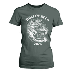 Funny Cowboy Raccoon Rollin Into 2026 T Shirt For Women New Year Dumpster Fire 2026 Rodeo TS11 Dark Forest Green Print Your Wear
